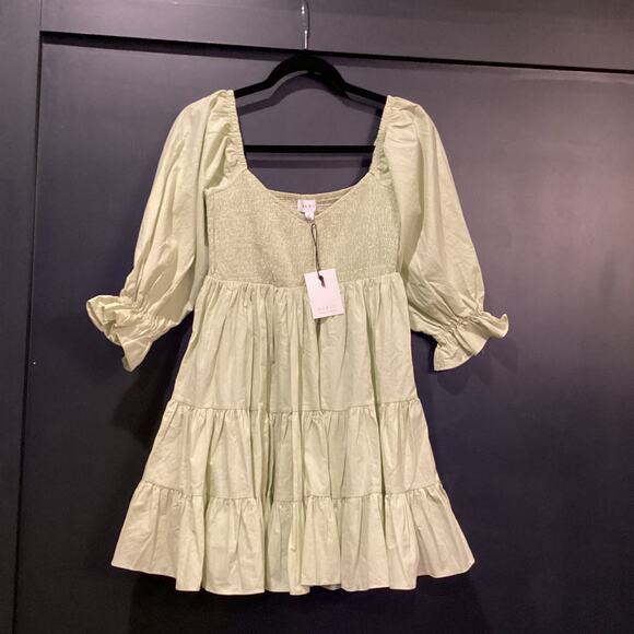 Mable Emory Smocked Ruffle Babydoll cotton mini dress NWT light green olive S - Picture 3 of 10